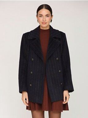 NWT Avec Les Filles Navy Double Breasted Pinstripe Coat Size XL